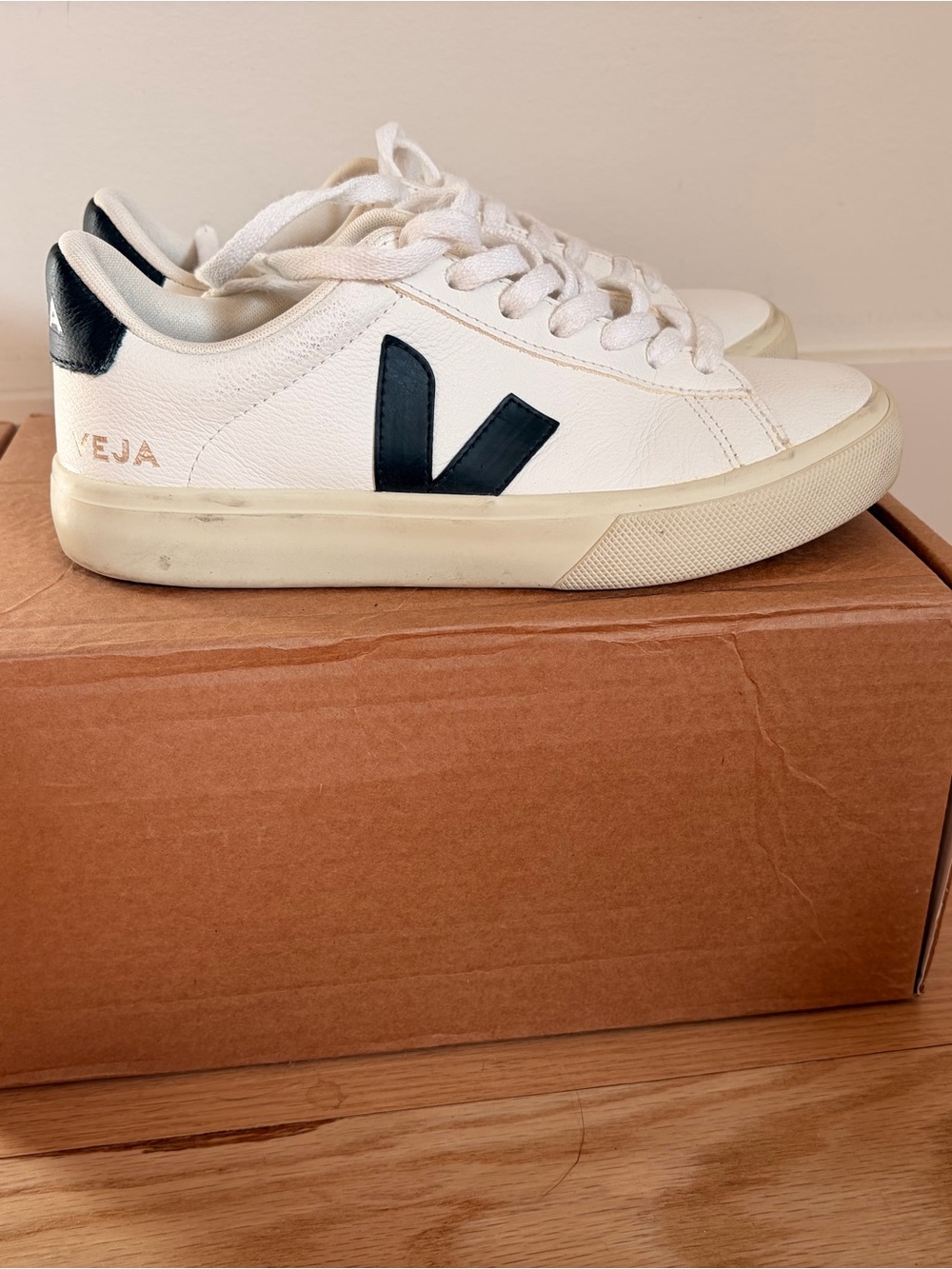 Veja White Leather Sneakers with Black V Accent